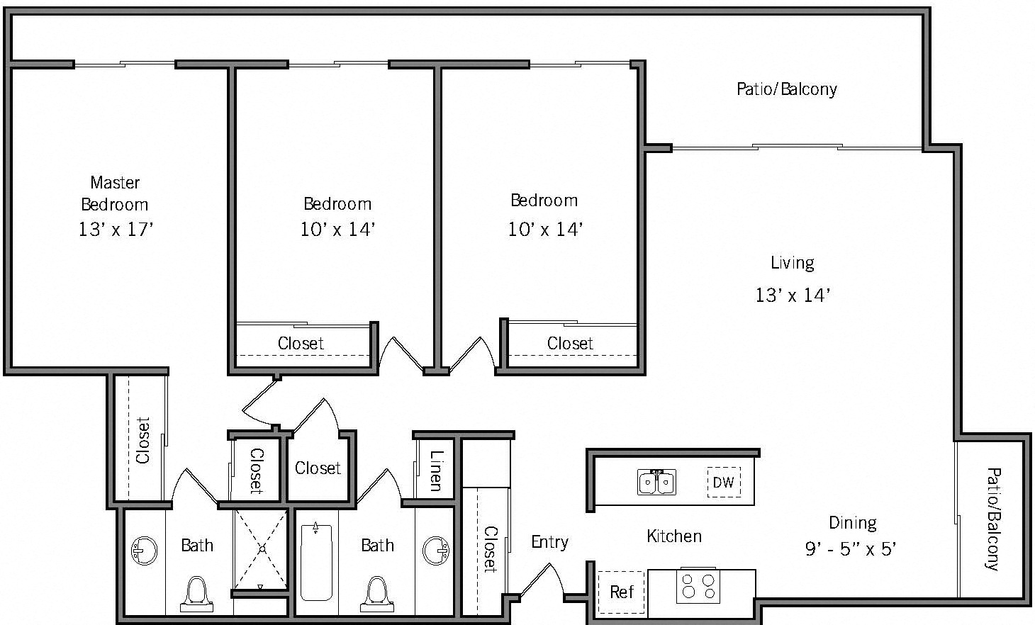Floor plan for 3 beds, 2 baths, 1215 sqft